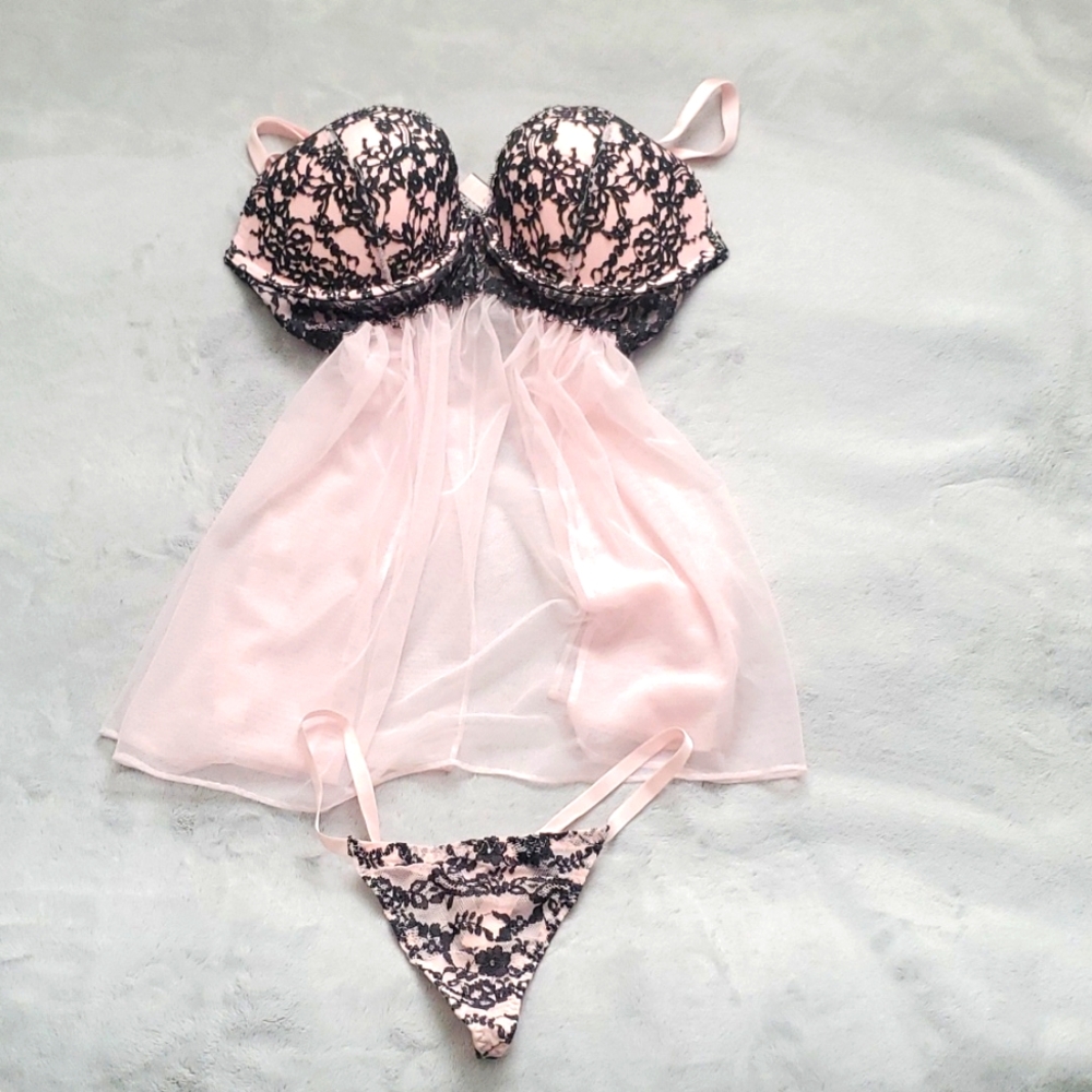 Victoria's Secret Sexy Babydoll Pink RuffleNight Dress 34D & Thong One f…